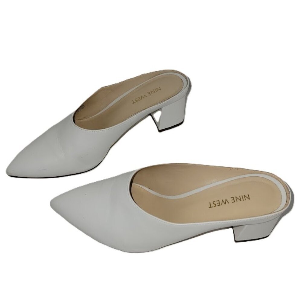 Nine West White Pointed Toe Low Block Heel Mules